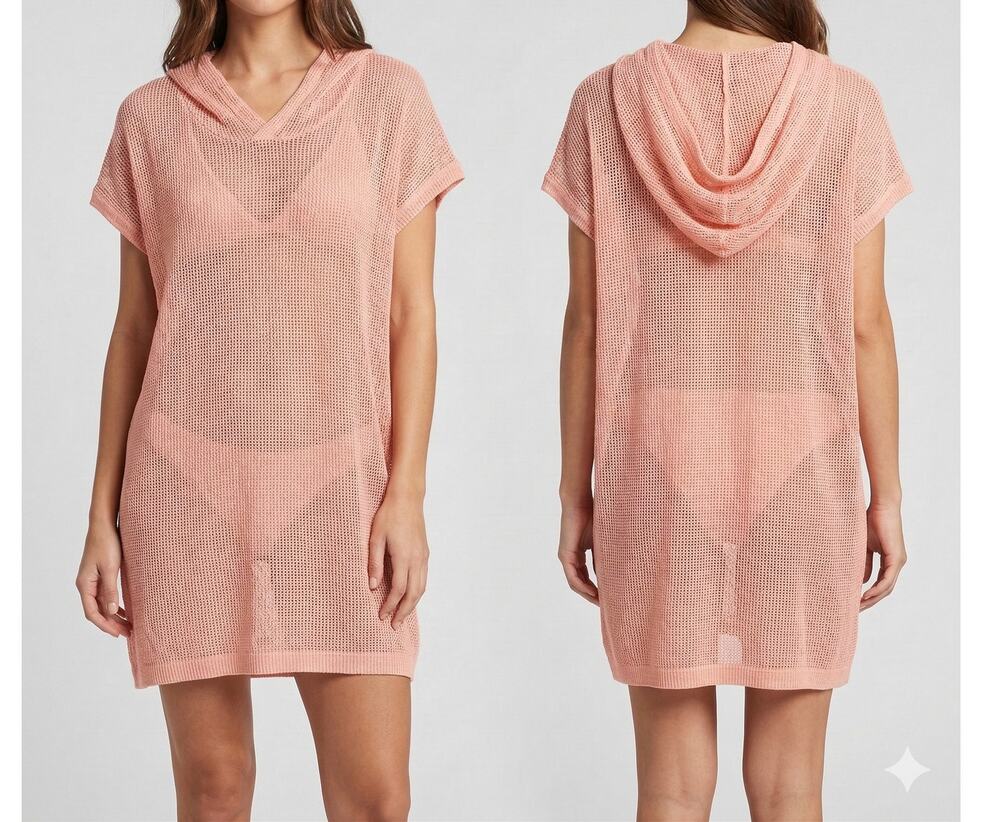 Zara Womens XL Pale Pink Peach Fishnet Hooded Cover Up
